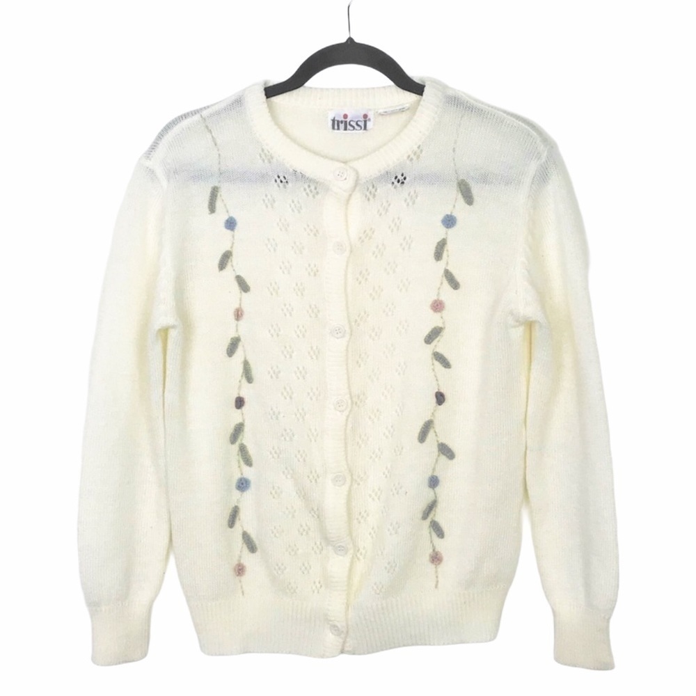 Vintage Trissi Ivory Floral Eyelet Knit Cardigan